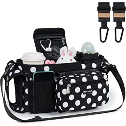 TOPDesign Universal Baby Stroller Organizer, Stroller Caddy with Heightened Insulated Cup Holders & Non-Slip Secure Hooks Accessories, Fits Most Strollers, Machine Washable (Polka Dots)