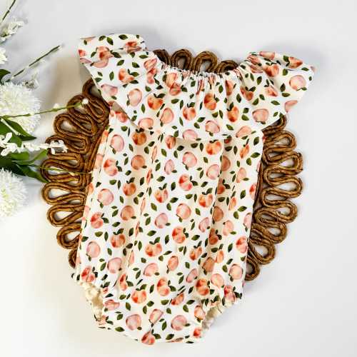 Peach fruit baby romper, bubble romper with ruffle neckline, baby girl sun-suit, first birthday outfit, sorbet color.