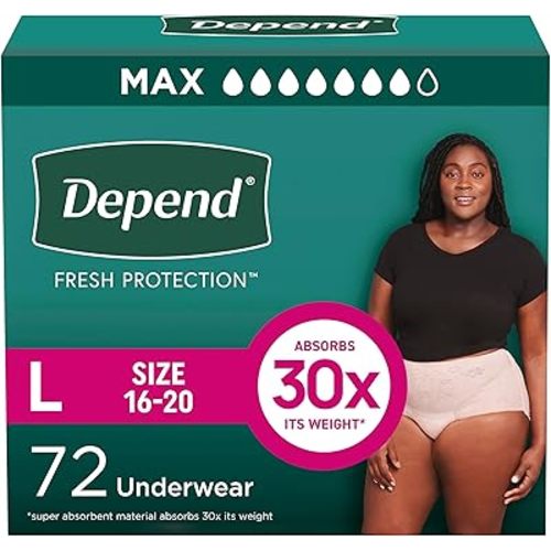 Depend Fresh Protection Adult Diapers, Incontinence & Postpartum Bladder Leak Underwear for Women, Disposable, Maximum, Large, Blush, 72 Count (2 Packs of 36), Packaging May Vary