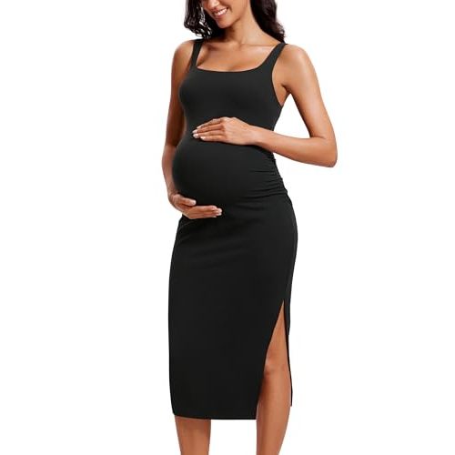 CRZ YOGA Women Butterluxe Sleeveless Tank Maternity Dress Split Ruched Pregnancy Square Neck Bodycon Casual Baby Shower