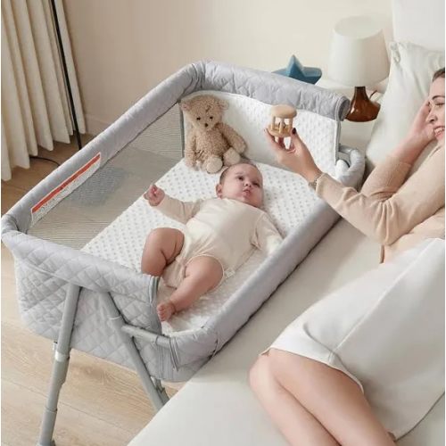 AirClub Bassinet Bedside Sleeper, Baby Crib for Newborn, Baby Bassinets Bedside Sleeper with 4 Auto-Lock & Adjustable Height, Breathable Mesh & Mattress, Bedside Bassinet