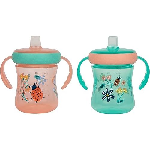 The First Years - Soft Spout Sippy Cup - Toddler Trainer Cup for 6+ Months -with Handles and Leak Proof Lid - 7 Oz - Floral Ladybug Print - 2 Count
