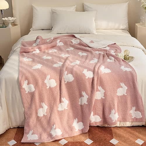 Happy Easter Rabbit Ultra-Soft Fluffy Microfiber Knitted Throw Blanket Super Cozy Lightweight Bed Blanket for Sofa Couch Bed Travel Pink 50"x60"