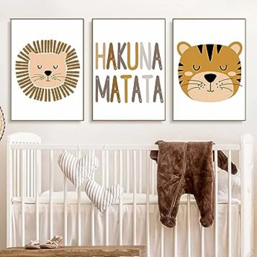 Nursery Wall Art Canvas Cartoon Lion Tiger Canvas Poster, Brown Canvas Painting Animals Wall Art Print Picture，Cute Nursery Wall Art for Baby Children Kids Kawaii Room Decor (Brown, 16*24inch)