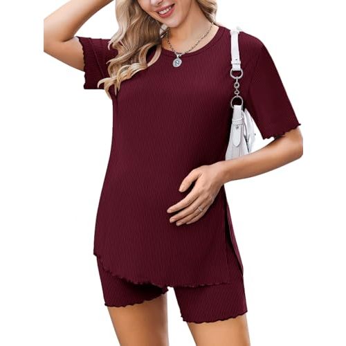 Ekoauer Women 2 Piece Maternity Pajamas Set Lightweight Pregnancy Outfit Ribbed Knit Postpartum Loungewear Set with Pocket