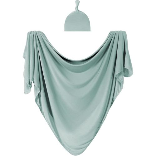 Large Jersey Knitted Swaddle Blanket for Baby, Soft Stretchy Receiving Blanket for Newborns with Hat, Large 47 x 47 inches (Seafoam), 47x47x0.01 inches (BY001)