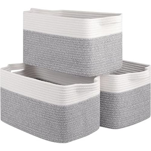 3 Packs Storage Baskets for Organizing, Cotton Rope Decorative Baskets for Shelves, Woven Baskets with Handles Storage Bins Set for Toys, Books, and Towels-15''Lx10''Wx9''H-Grey & White
