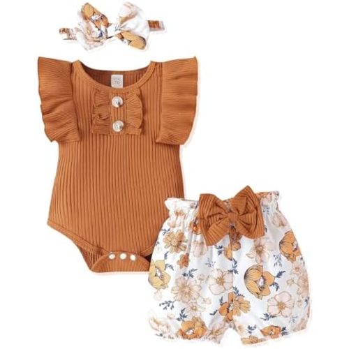 Newborn Baby Girl Clothes Outfits Ruffle Romper and Short Pant Sets with Headband Infant Bodysuits