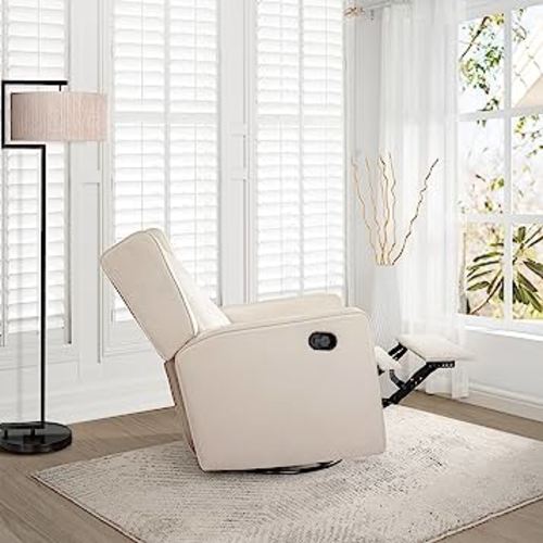 Bond with Your Baby, Relax in Style with Odelia 360° Swivel Glider Rocker Recliner, Nursery Chair with Manual Puller, Plush Cushioning, Soothing Rocking Motion with Microfiber Fabric - Cream