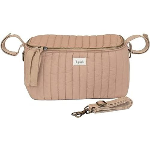 3 Sprouts Universal Quilted Stroller Organizer with Cup Holder and Zip Top - Durable Stroller Caddy Accessory with Storage - Shoulder Strap Converts Organizer to Small Diaper Bag - Clay