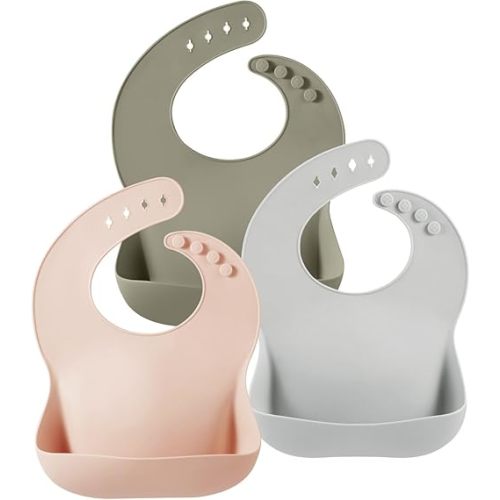 PandaEar 3 Pack Silicone Bibs for Babies Toddlers Girls Boys| Adjustable Waterproof BPA Free Soft Durable Bibs for Eating with Large Pocket Food Catcher