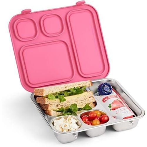 Elk and Friends Kids Stainless Steel Bento Box with Silicone Lid | Leak-proof | Toddlers Lunch Container | 4 Compartments | Dishwasher Safe