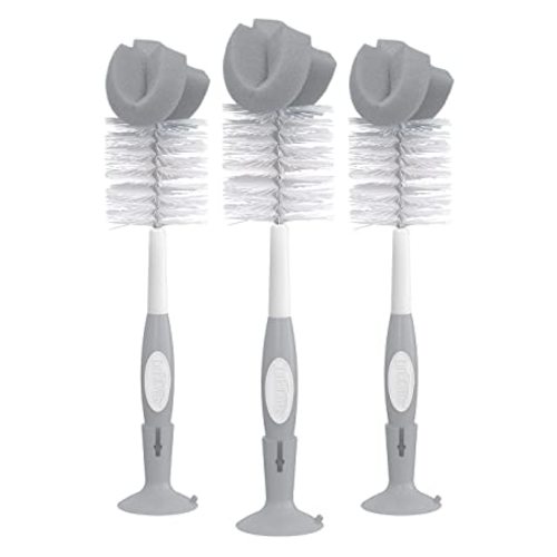 Dr. Brown's Reusable Sponge Baby Bottle Cleaning Brush Set with Suction Cup Stand, Scrubber and Nipple Cleaner, Gray, 3 Pack - 3-pack, Gray Bottle Brush