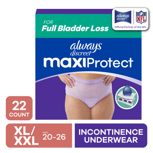 Always Discreet Adult Diapers for Women, MaxiProtect, Incontinence Underwear, Maximum Plus Absorbency, Size XL/XXL, 22 Count