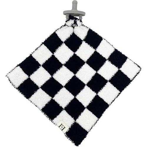 Checkered Baby Lovey Pacifier/Teether Holder 10"x10" - DreamSoft Plush Fluffy Cuddly Soothie Reversible Mini Comfort Blanket - Cute Newborn Gift Essential for Babies Boys and Girls (Black/White)