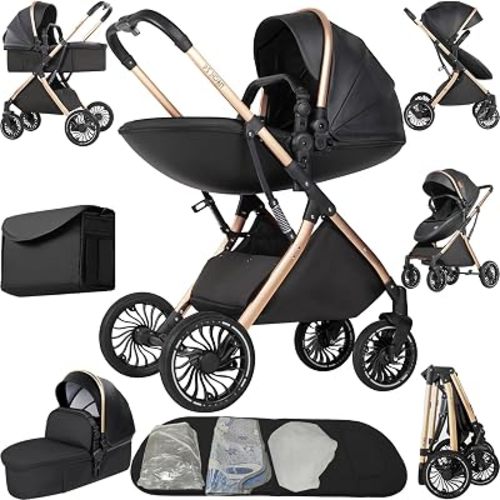 PU Leather 2 in 1 Baby Stroller Reversible Portable Standard Stroller Convertible Pushchair Infant Buggy Baby Carriage Foldable High Landscape Pram for Toddler Newborn (V6 Black)