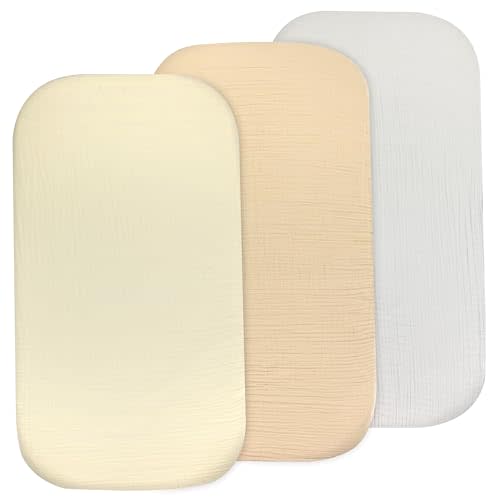 3 Pack Organic Muslin Bedside Bassinet Sheets Compatible with Mika Micky, Baby Delight, Dream On Me, AMKE and Other Bassinet Pads Size Between 17-21 in Width, 29-33 in Length, and 1.5-4 in Thick