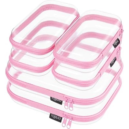 6 Pack Pink Clear Hard Shell Beauty Organizer (2M+4S), 1.2mm Heavy Duty Crush-Proof Cosmetic Case, Reinforced YKK Zippers, Stadium Approved Security Bag for Skincare & Electronics, Multi-Size Set