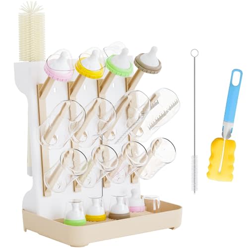 Huishun Baby Bottle Drying Rack: Large Vertical Bottle Dryer Rack Holder - Space Saving Standing Drying Rack for Baby Bottles and Pump Part Cleaning(Beige)