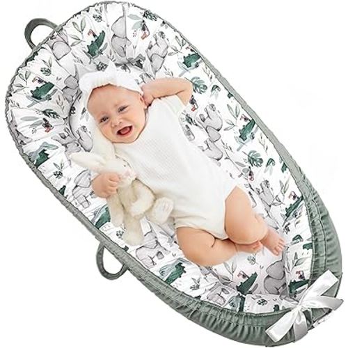 Baby Lounger, Ultra Breathable Soft Cotton Perfect for Tummy Time, Portable & Adjustable Infant Floor Seat for Traveling | Newborn Shower Gift- Elephant& Crocodile