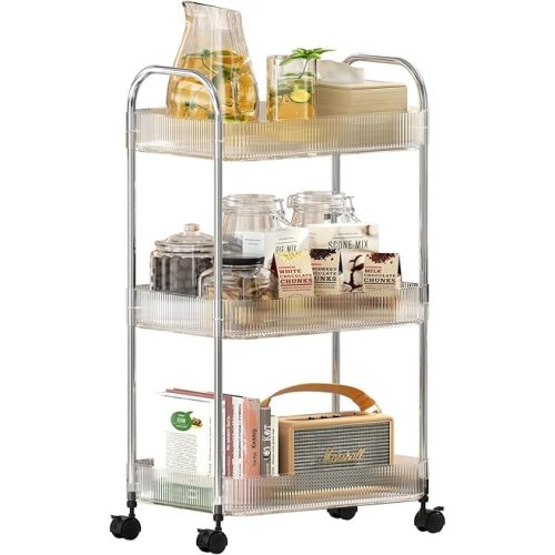 3 Tier Rolling Cart with Wheels,Utility Trolley with Handle,Clear Acrylic Movable Storage Organizer for Kitchen,Bathroom,Nursery,Laundry,Book,Snack,Craft
