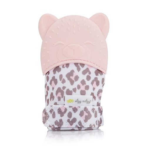 Itzy Ritzy Silicone Teething Mitt - Soothing Infant Teething Mitten w/Adjustable Strap, Crinkle Sound, Textured Silicone to Soothe Sore & Swollen Gums, Baby Teething Toy for 3 Mos & Up, Blush Leopard - 1 Count (Pack of 1)