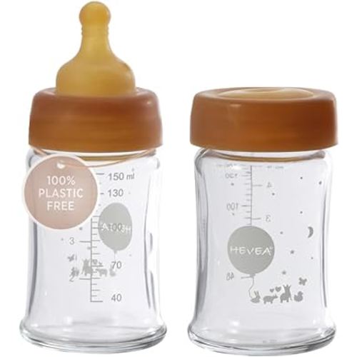 HEVEA Wide Neck Glass Baby Bottles - Slow Flow Anti Colic Baby Bottles Newborn 0+ Months - Planet-Friendly, BPA-Free, Two-Pack (5 Oz)