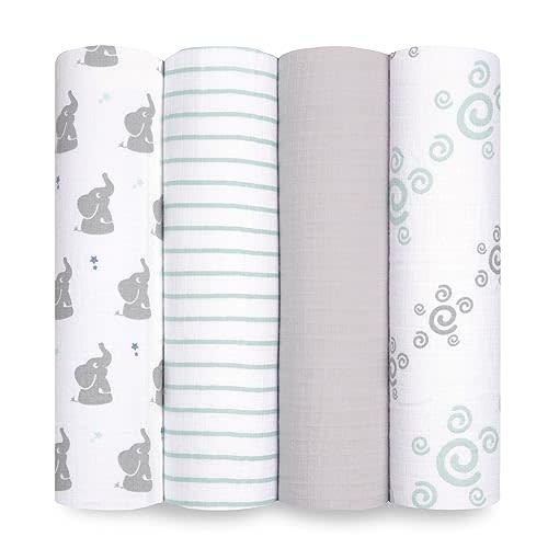 aden + anais Essentials Muslin Swaddle Blankets for Baby Girls and Boys, Newborn Receiving Blanket for Swaddling, 100% Cotton Baby Swaddle Wrap, 4 Pack, Baby Star-Elephants