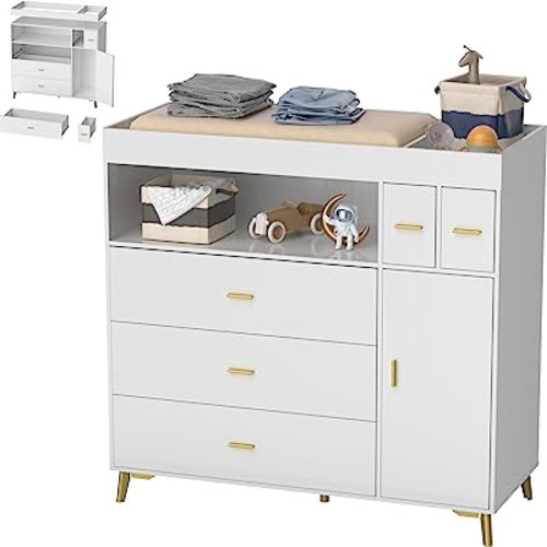 PAKASEPT Changing Table with Drawers, Changing Table Dresser with 5 Drawer & Cabinet