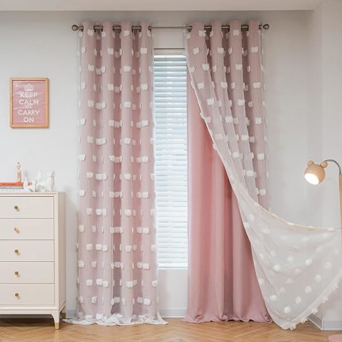 MYSKY HOME Light Blocking Pink Curtains for Living Room White Sheer Pom Pom Kids Room Decor Drapes 102 Inches Long Double Layer Curtain for Sliding Door Grommet Window Panels Set of 2 52" x 102"
