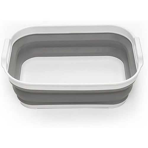 SAMMART Collapsible Washing Tub with Handle 13L (3.4 Gallon) - Portable Outdoor Picnic Basin – Foldable Space Saving Storage Container for Dishing, Camping & Home (White/Grey)
