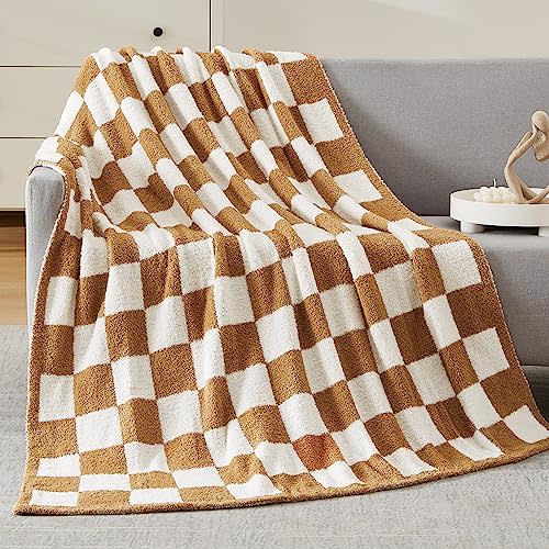 WRENSONGE Checkered Throw Blanket, Burnt Orange Soft Cozy Fluffy Warm Hand Made Throw Blankets for Couch, Sofa, Chair, Bed, Camping, Picnic, Travel Lightweight Bed Blanket - 60"*80"