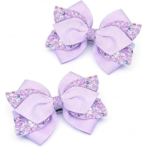 Purple Glitter Hair Bows for Girls, 4 Inch Sparkly Sequin Bow Clips with Alligator Clips for Cheer Halloween Fall, Teens Toddler Kids Dress Hair Accessories