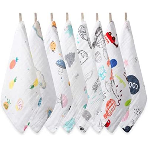 Baby Msulin Washcloths Newborn Face Towel - Baby Muslin Cloths 8Pack Soft Absorbent Natural Wipes Bamboo Cotton Towel 10"X10" Baby Bath Towels Baby Registry as Shower (Send 5 kinds of patterns random)