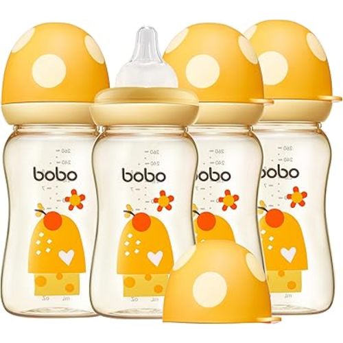 YOHKOH PPSU Baby Bottle Wide Neck, Newborn Anti-Colic Baby Bottle with Natural Response Nipple, Streamlined Body, Easy to Clean (8.8oz (Pack of 4), Yellow)