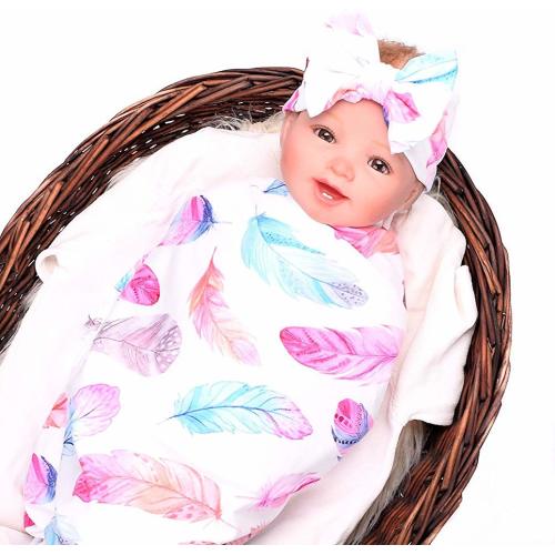 Baby Sleep Swaddle Blanket Large and Bow Headband Set 47 inch X 47 inch