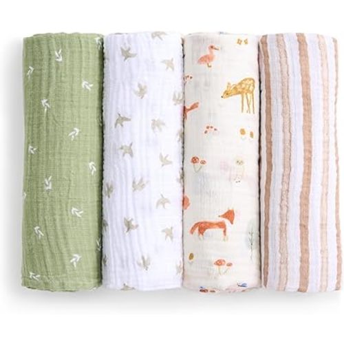 aden + anais Essentials Cotton Muslin Swaddle, Breathable Baby Blanket, Ideal for Boys, Girls, Newborns, Babies & Infants, Receiving Blanket, Soft and Lightweight Wrap, 4 Pack, Sage Woodland
