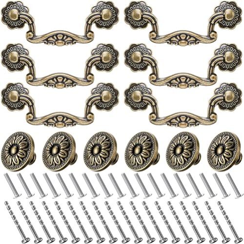 12 Pcs 3" Bail Handle Drop Pulls and 1.38" Vintage Flower Shape Cabinet Drawer Knobs Antique Bronze Cabinet Pull Handles for Drawer Dresser, 3" Hole Spacing, 4" Total Length(Floral Style)