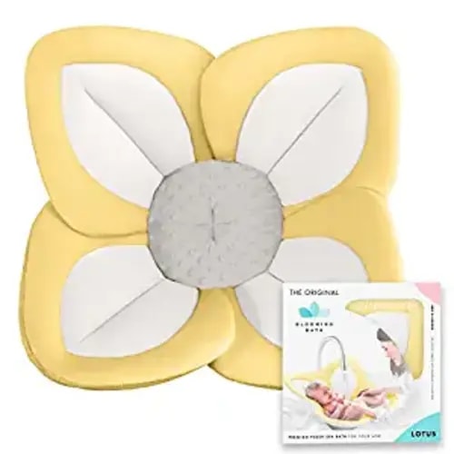 Blooming Bath Lotus Baby Bath Seat - Flower Bath Mat Baby Bath Tub Sink Bath Cushion - The Original Washer-Safe Flower Seat Baby Essentials Must Haves (Yellow/White/Gray) - 4 Petal