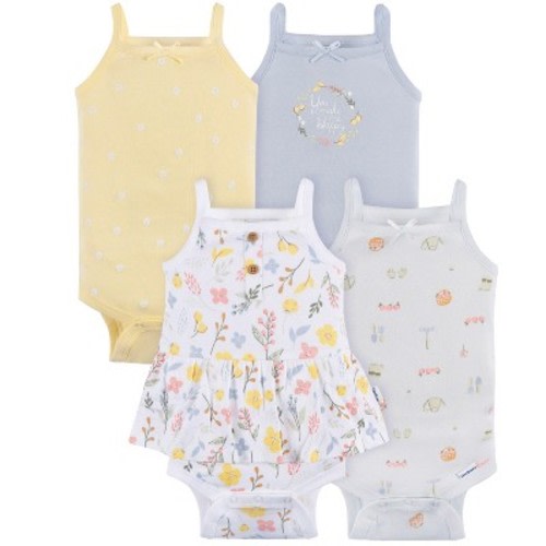 Gerber Baby Girls' 4-Pack Sleeveless Onesies Bodysuits, White Floral, 6-9M