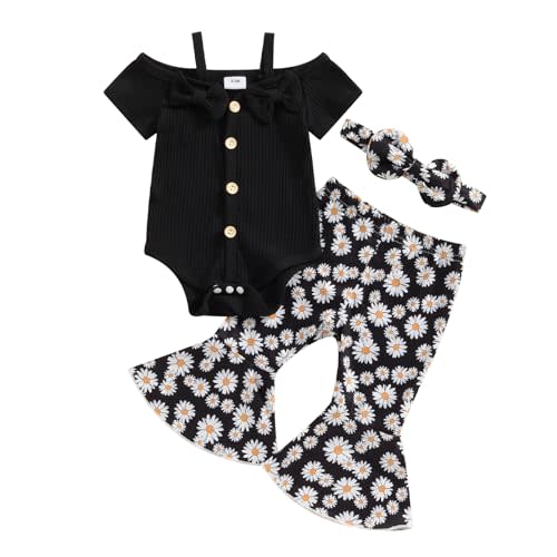 Doisbetthsay Baby Girl Outfits Summer Short Sleeve Cold Shoulder Ribbed Romper Flare Pants Set Headband Newborn Clothes