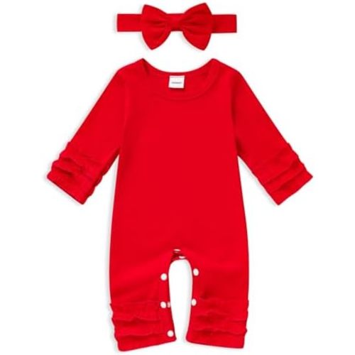 GRNSHTS Newborn Baby Girls Ruffle Romper Solid Long Sleeve Jumpsuit One-Piece Coming Home Clothes With Headband