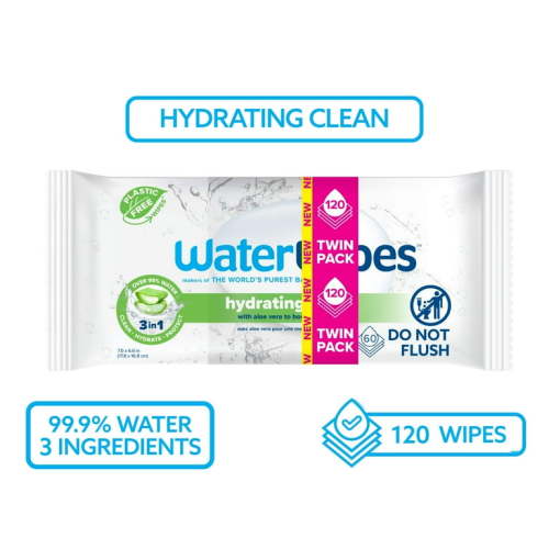 WaterWipes Hydrating Clean 99% Water Based Aloe Vera Baby Wipes, 120 Count (2 Packs)