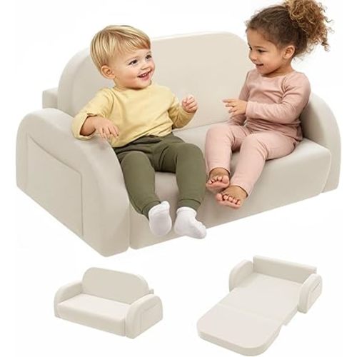 2-in-1 Convertible Kids Couch, Extra Wide Comfy Toddler Chair, Flip Out Toddler Couch, Foldable Kids Sofa Chair, Kids Lounge Chair with High Density Foam, Kids Sofa Bed for Boys & Girls 3+, Beige