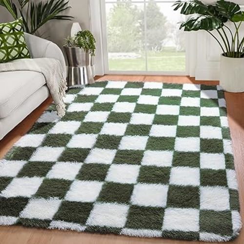 KICMOR Area Rugs for Bedroom Living Room, 4x6 Soft Fluffy Olive Green and White Checkered Shag Rug Fuzzy Shaggy Plush Bedside Carpet, Non-Slip Indoor Floor Rug for Boys Girls Room Nursery Home Decor