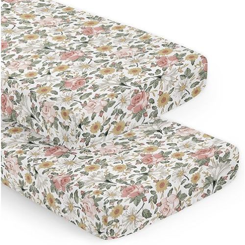 Sweet Jojo Designs 2-Piece Baby Crib Sheets Set (Boho Vintage Floral) for Girls, Infant Nursery, Toddler Room - Fitted, Standard Size (Shabby Chic, Rose, Daisy, Bohemian, Farmhouse, Wildflower, Pink)