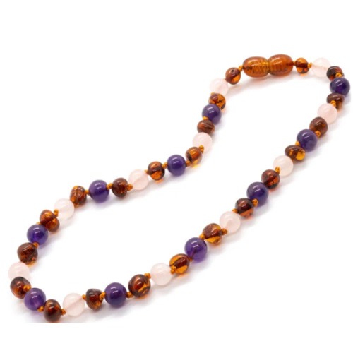 12.5 or 11 inch Baltic Amber Necklace Rainbow Dark Amber Pink Amethyst