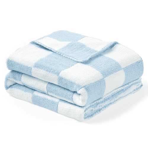 CREVENT 30"X40" Cozy Soft Warm Chenille Baby Blanket for Girls Boys, Newborn Essentials for Infant, Baby Shower Receiving Gift, Blue Checked