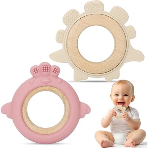 Baby Teething Toy for Babies 3-6,12 Months, BPA Free Silicone & Natural Beech Baby Teething Ring for Teething Relief, Wooden Ring Teether for Baby 3+ Months(Dark Pink, Beige)