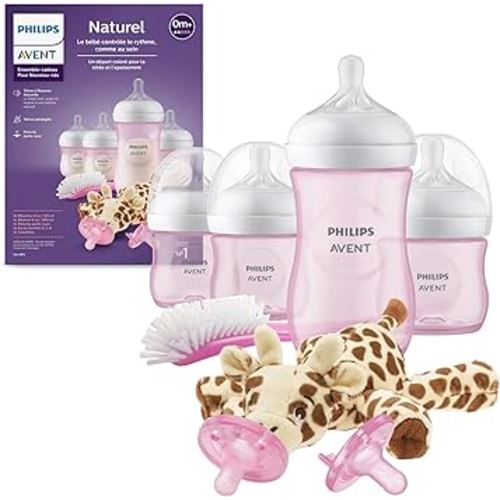 Philips Avent Natural Baby Bottle with Natural Response Nipple, Pink Baby Gift Set with Snuggle, SCD838/03